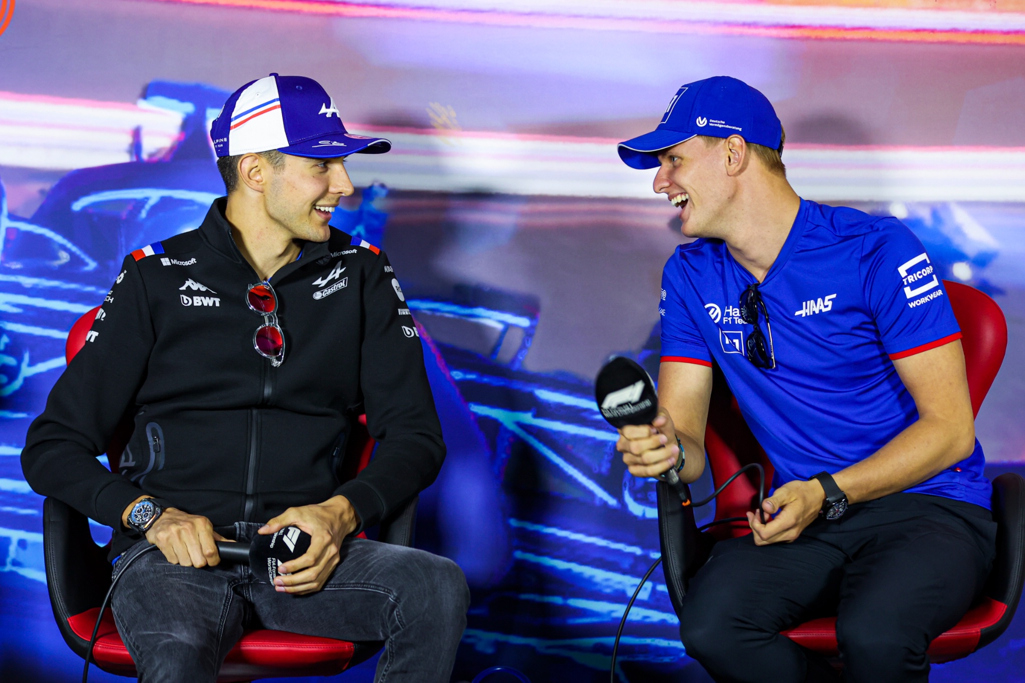 (L to R): Esteban Ocon (FRA) Alpine F1 Team and Mick Schumacher (GER) Haas F1 Team in the FIA Press Conference. Formula 1